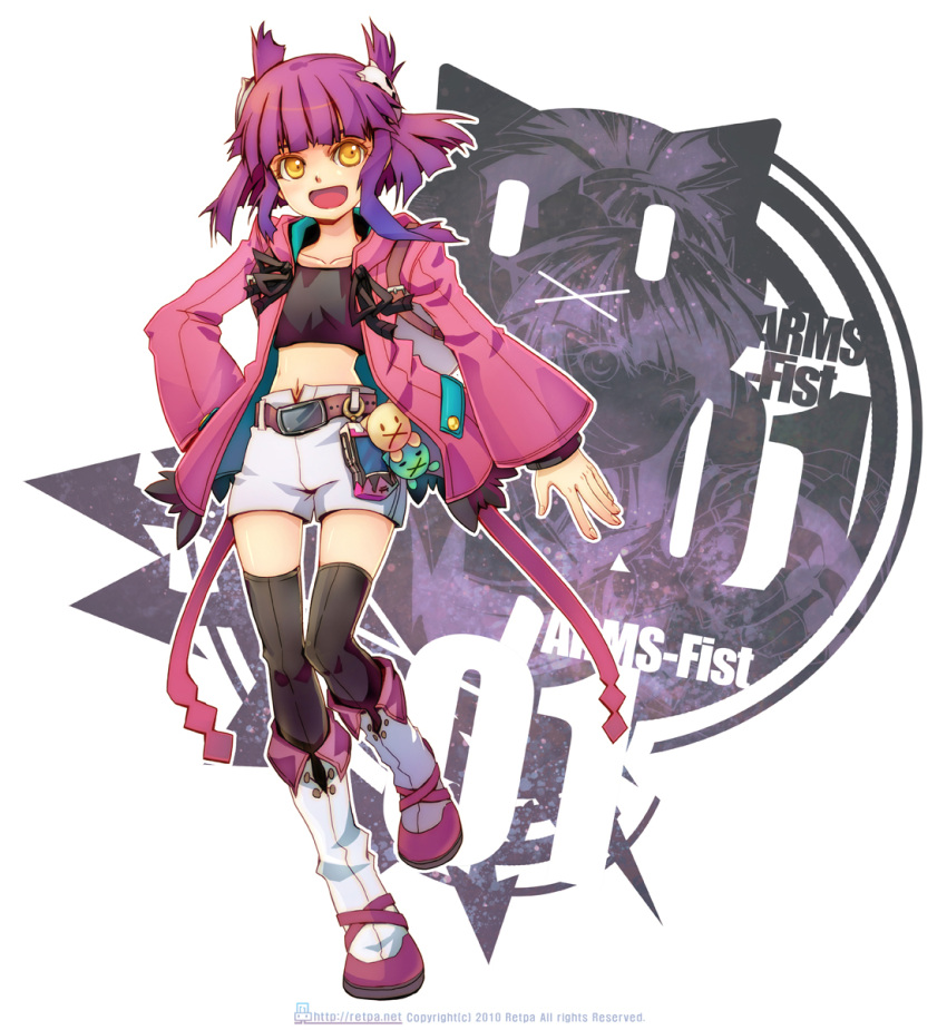 :d :x belt black_legwear boots coat crop_top hand_on_hip happy highres hips midriff navel open_mouth original payot purple_hair retpa short_hair shorts smile solo thigh-highs thighhighs yellow_eyes