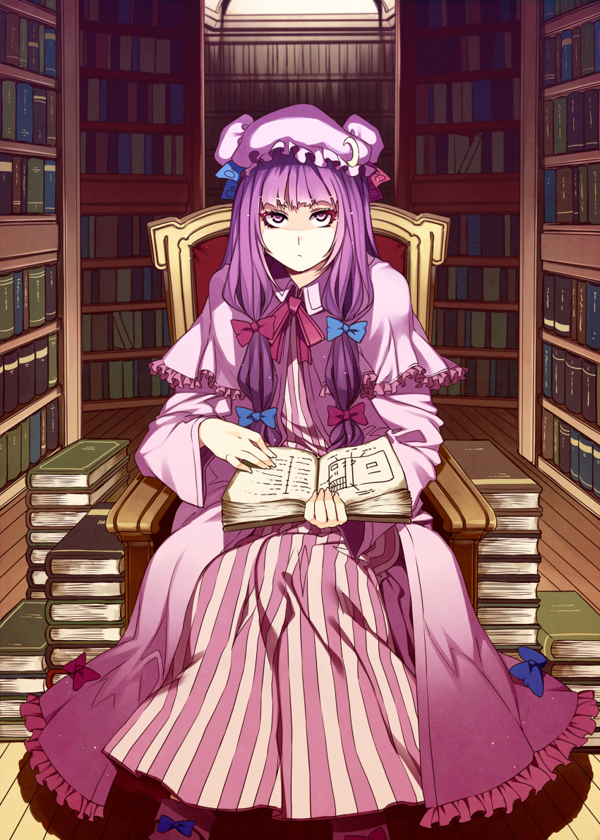 armchair bangs blunt_bangs book book_stack bookshelf bow capelet chair crescent dress hat highres indoors library long_hair looking_at_viewer mizuryuu_kei nightgown patchouli_knowledge purple_dress purple_eyes purple_hair room sitting slippers solo striped sunlight touhou vertical_stripes very_long_hair violet_eyes voile window