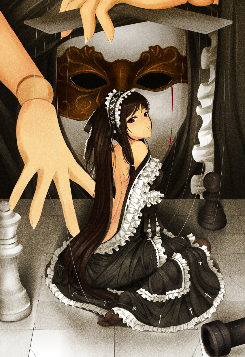 bad_id bare_back bare_shoulders blush brown_eyes brown_hair chess_piece doll_joints dress feet frills hairband hatsune_miku highres liuli long_hair looking_back mask minigirl pantyhose puppet tears toes twintails venetian_mask very_long_hair vocaloid