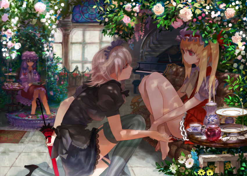 alternate_costume bare_legs barefoot blonde_hair book cup feet_in_water flandre_scarlet flower garter_straps hat indoors instrument izayoi_sakuya leaf legs long_hair maid maid_headdress multiple_girls ochurucchuru one_knee patchouli_knowledge piano pink_rose purple_hair reading red_eyes rose saucer shade short_hair side_ponytail silver_hair soaking_feet stairs table tea_set teacup teapot tears thigh-highs thighhighs touhou umbrella vertical-striped_legwear vertical_stripes water