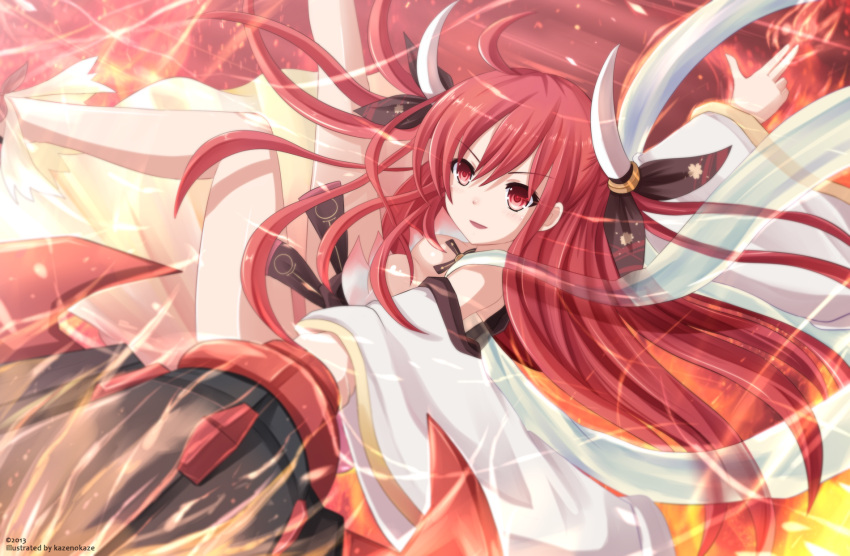 1girl ahoge breasts cleavage date_a_live detached_sleeves fire highres itsuka_kotori kazenokaze long_hair open_mouth red_eyes redhead solo twintails very_long_hair weapon wide_sleeves