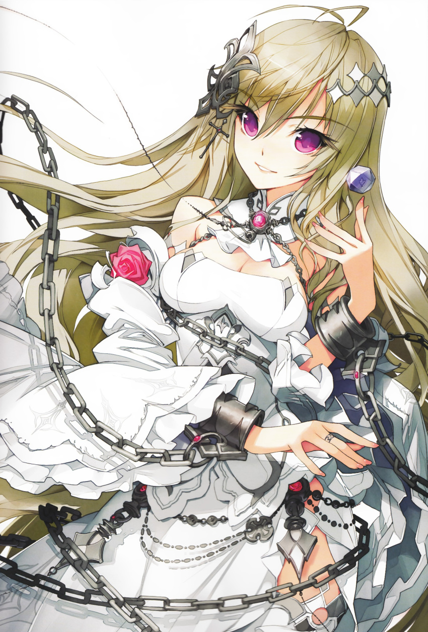 bdsm blonde_hair bondage breasts brown_hair chain chains cleavage copyright_request cross cuffs detached_sleeves dress fingernails flower hair_ornament hands highres long_hair purple_eyes sanbasou smile solo strapless_dress very_long_hair violet_eyes wedding_dress wide_sleeves