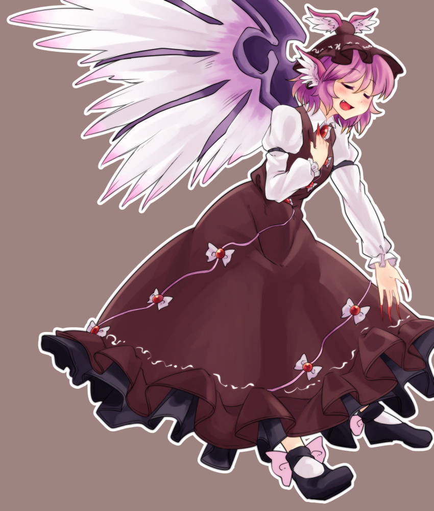 1girl animal_ears bow closed_eyes dress fang fingernails hat highres long_fingernails mana_(gooney) mystia_lorelei open_mouth pink_hair short_hair simple_background smile solo tan_background touhou wings