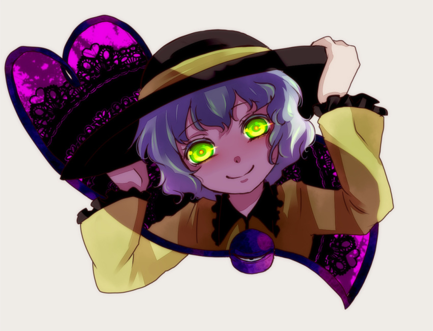 adjusting_hat face frills glowing glowing_eyes green_eyes hat hat_ribbon head_tilt kamabo_ko komeiji_koishi portrait ribbon smile solo third_eye touhou