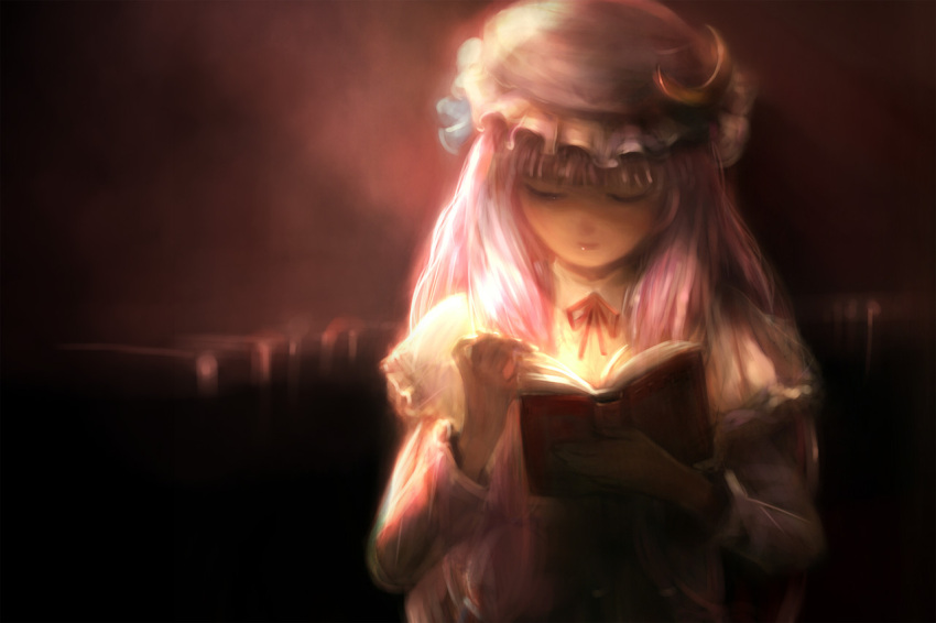 book book_focus bust capelet crescent dark hat long_hair patchouli_knowledge payot purple_hair solo tkjuly touhou