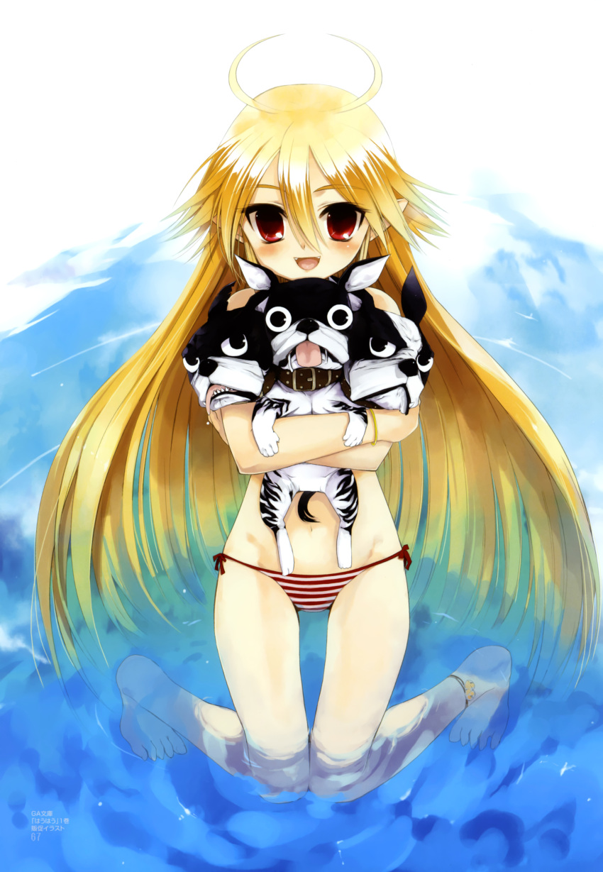 ahoge barefoot bikini blonde_hair cerberus collar copyright_request dog happy highres hug kerberos kneeling koin koin_(foxmark) long_hair looking_at_viewer multiple_heads pointy_ears red_eyes side-tie_bikini solo swimsuit very_long_hair water