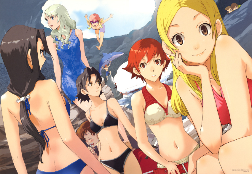 absurdres arms_behind_back baccano! back belt bikini black_hair blonde_hair breasts brown_eyes casual_one-piece_swimsuit cave chane_laforet character_request chin_rest claire_stanfield cleavage dress dutch_angle edith edith_(baccano!) enami_katsumi ennis firo_prochainezo floating halterneck highres isaac_dian knife long_hair looking_back miria_harvent multiple_girls navel official_art one-piece_swimsuit peeping red_hair redhead rock scan scan_artifacts shark short_hair silver_hair sitting smile standing swimsuit weapon