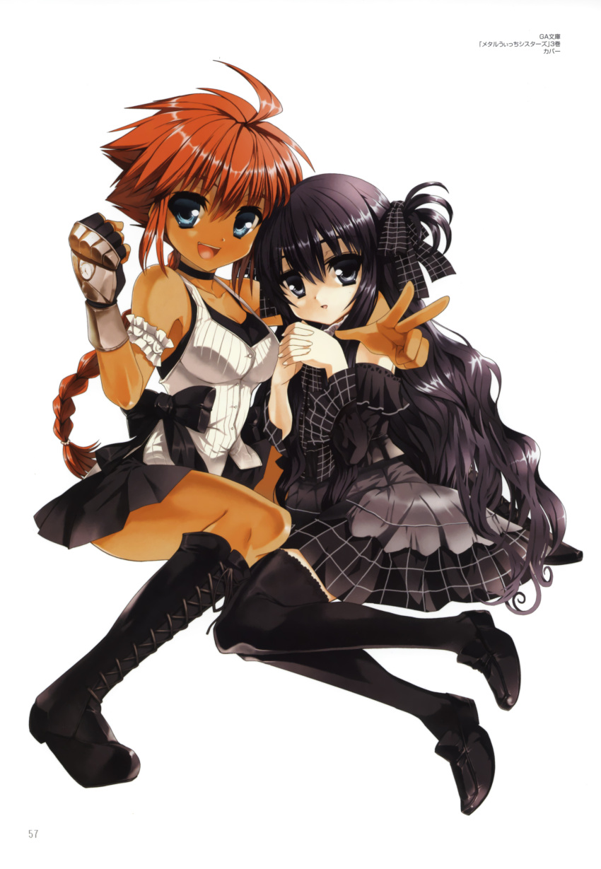 absurdres ahoge bare_shoulders black_eyes black_hair black_legwear blue_eyes boots bow braid breasts choker dress fingerless_gloves gloves gothic highres koin koin_(foxmark) legs long_hair mary_janes metal_witch_sisters multiple_girls red_hair redhead shoes simple_background skirt smile tan thigh-highs thighhighs waistcoat