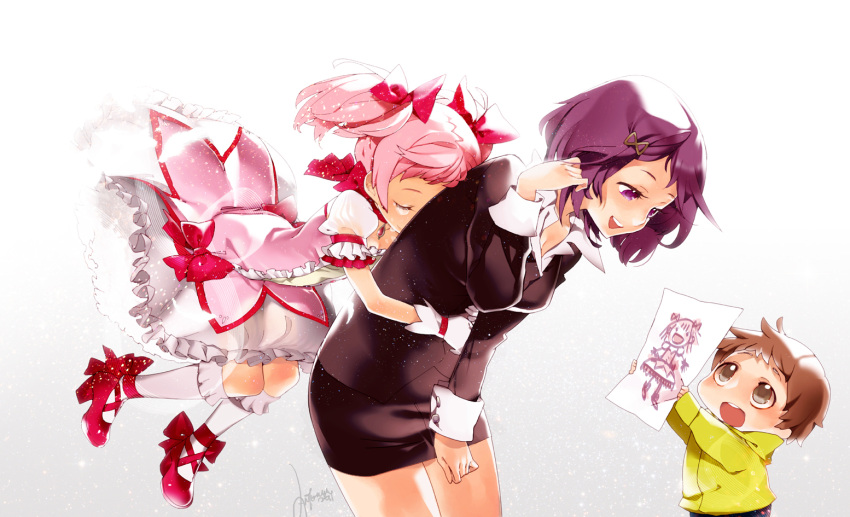 age_difference antenna2669 bow brown_eyes brown_hair child child_drawing closed_eyes drawing eyes_closed floating formal gloves hair_bow hair_ornament hair_ribbon hairclip hug hug_from_behind kaname_junko kaname_madoka kaname_tatsuya long_hair magical_girl mahou_shoujo_madoka_magica mother_and_daughter mother_and_son multiple_girls paper pink_hair purple_eyes purple_hair ribbon shoes short_hair signature simple_background skirt_suit smile spoilers suit tears twintails violet_eyes white_gloves