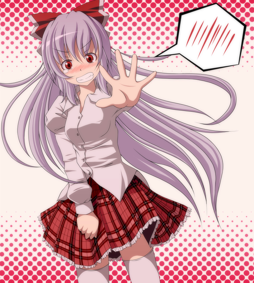 adapted_costume alternate_costume angry blush bow checkered checkered_skirt clenched_teeth dress_shirt embarrassed fujiwara_no_mokou hair_bow halftone halftone_background highres long_hair o_o outstretched_hand plaid plaid_skirt red_eyes s-syogo school_uniform shirt silver_hair skirt solo spoken_blush tears thigh-highs thighhighs touhou very_long_hair white_legwear zettai_ryouiki