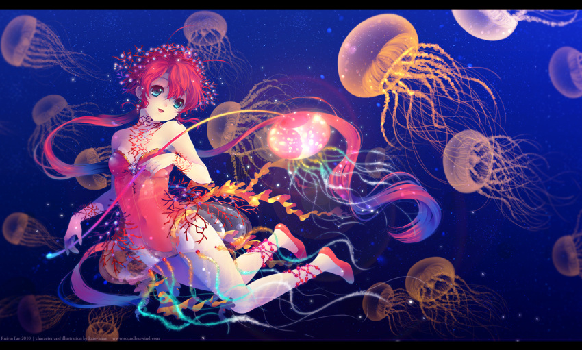 blue_eyes jellyfish jewelry kaze-hime long_hair open_mouth original ponytail red_hair redhead solo underwater