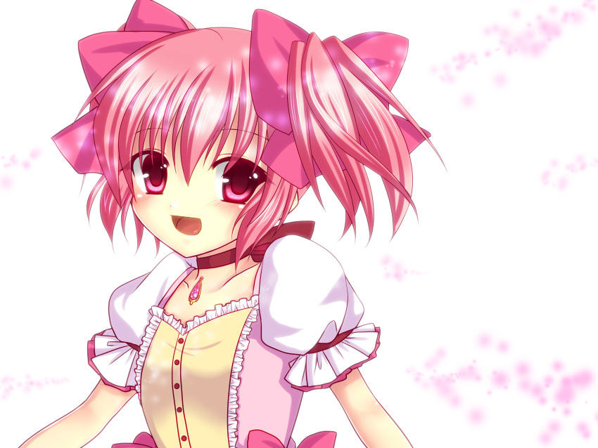 artist_request blush choker close grin hair_bow kaname_madoka magical_girl mahou_shoujo_madoka_magica open_mouth pink_eyes pink_hair portrait solo soul_gem source_request twintails