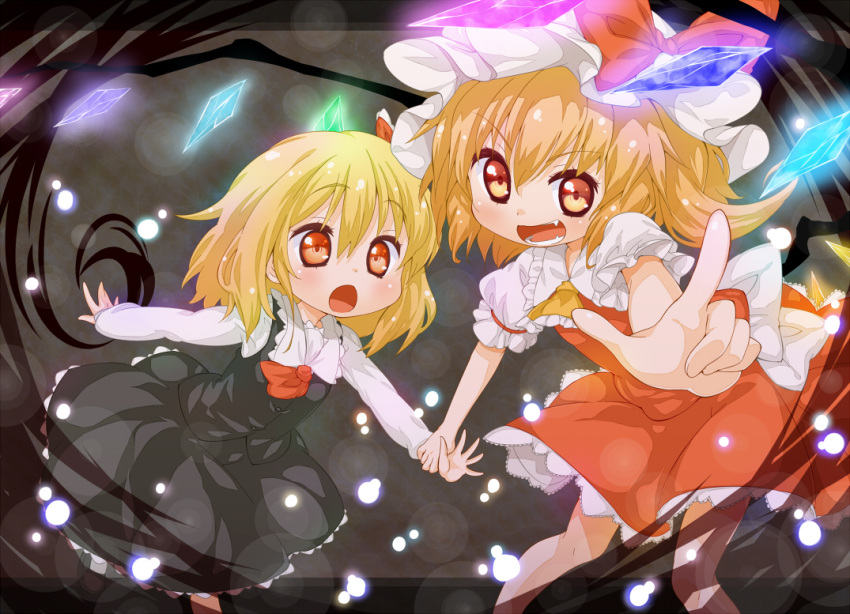 arm_grab ascot bad_id black_dress blonde_hair child dress fangs flandre_scarlet hair_ribbon hat jigatei_(omijin) multiple_girls omijin open_mouth pointing pointy_ears red_dress red_eyes ribbon rumia side_ponytail the_embodiment_of_scarlet_devil touhou wings wrist_grab youkai