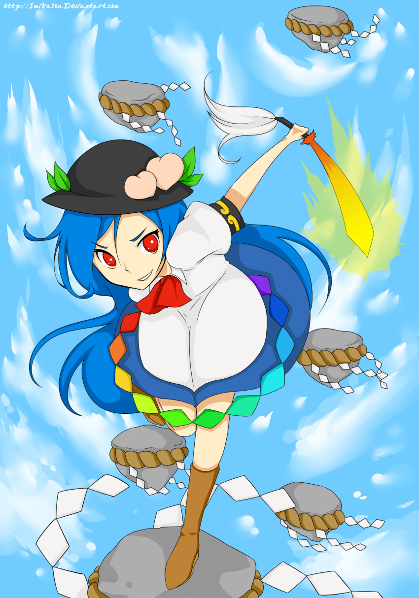 blue_hair hinanai_tenshi hinanawi_tenshi long_hair peaches red_eyes rocks suikasen sword touhou