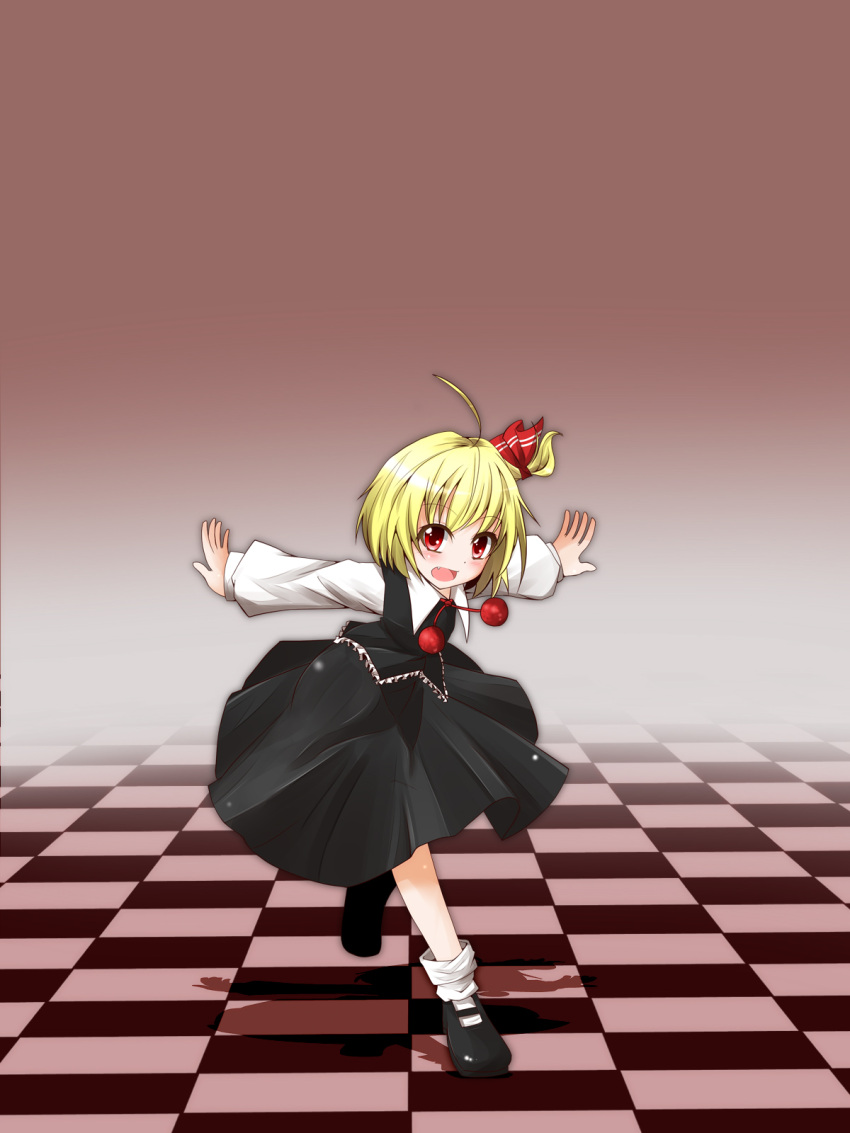 ahoge blonde_hair blush bow checkered checkered_floor fang hair_bow hair_ribbon highres hiro_(pqtks113) open_mouth outstretched_arms red_eyes ribbon rumia short_hair solo spread_arms the_embodiment_of_scarlet_devil touhou youkai