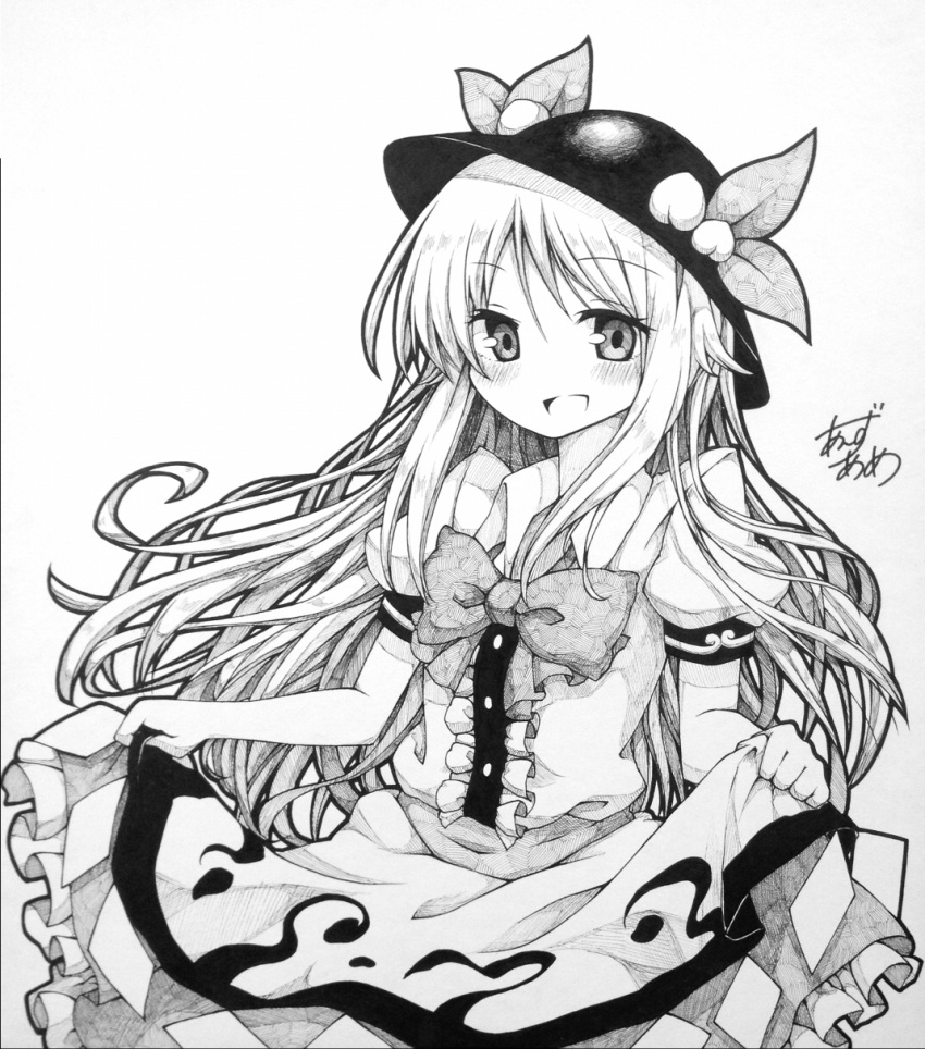 1girl blush bow bust clown_222 dress food fruit graphite_(medium) hat highres hinanawi_tenshi long_hair looking_at_viewer monochrome open_mouth peach sketch smile solo touhou traditional_media very_long_hair