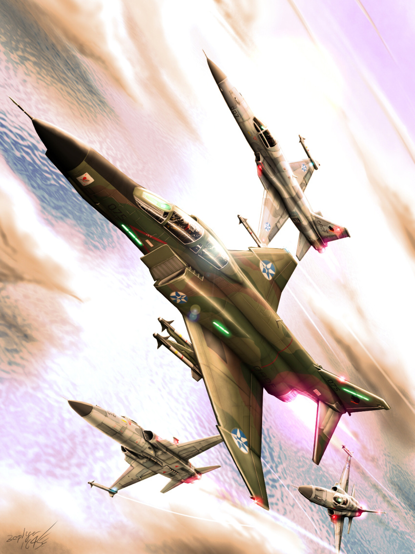 ace_combat_5 afterburner airplane cloud clouds condensation_trail contrail dutch_angle f-4_phantom_ii f-5 fighter_jet flying highres jet missile ocean pilot signature sky sun zephyr164