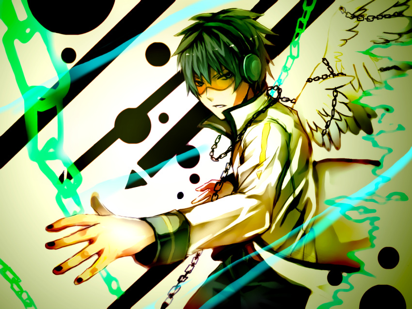abstract artist_request asymmetrical_wings chains green_hair headphones kaito short_hair solo source_request visor vocaloid