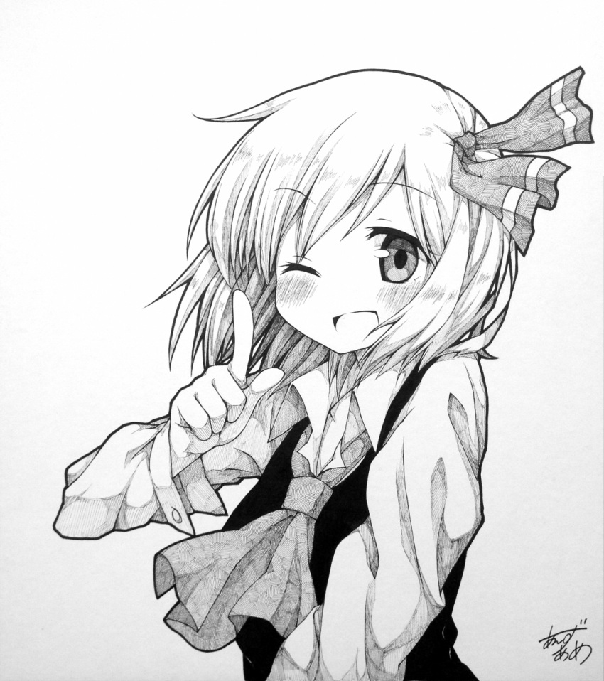 1girl artist_name ascot blush bust clown_222 graphite_(medium) hair_ribbon hands highres looking_at_viewer monochrome open_mouth ribbon rumia short_hair sketch smile solo touhou traditional_media wink