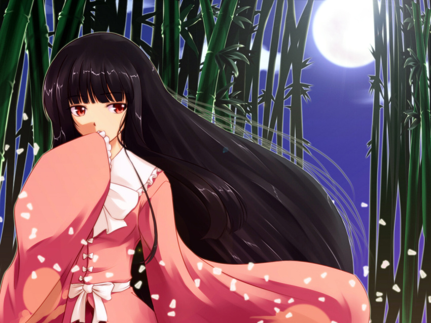 bamboo bamboo_forest bangs black_hair blunt_bangs bow forest full_moon hand_over_mouth hoshino_yami houraisan_kaguya long_hair moon nature petals red_eyes solo touhou very_long_hair wallpaper wide_sleeves