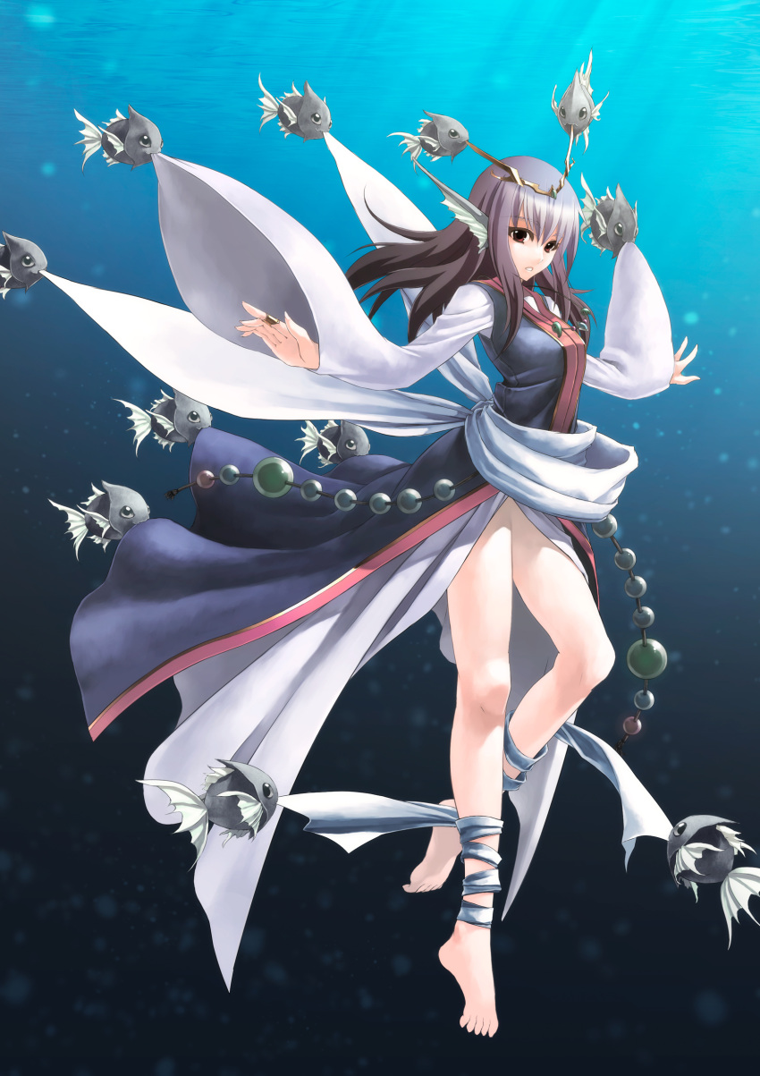 bare_legs barefoot biting brown_hair dress dressing feet fish head_fins highres jewelry leg_ribbon long_hair magatama necklace original outstretched_arms red_eyes ring rotix solo spread_arms tiara underwater wide_sleeves
