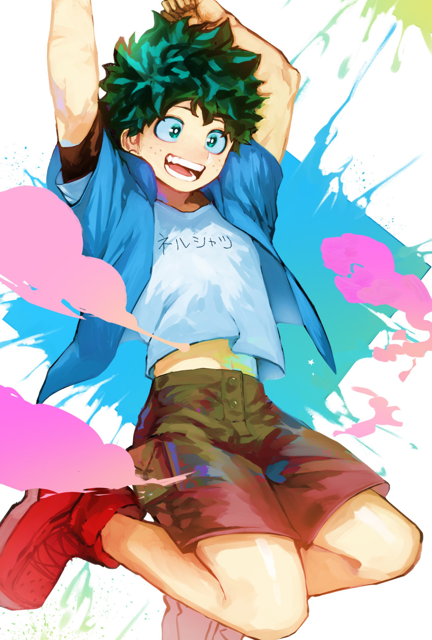 1boy :d absurdres alternate_costume arms_up bangs blue_jacket boku_no_hero_academia brown_pants feet_up freckles gradient gradient_background green_background green_eyes green_hair grey_shirt highres jacket jumping male_focus midoriya_izuku midriff multicolored_hair open_mouth paint_splatter pants pink_background red_footwear shirt shoes short_sleeves shorts smile solo suzumetarou teeth translation_request two-tone_hair