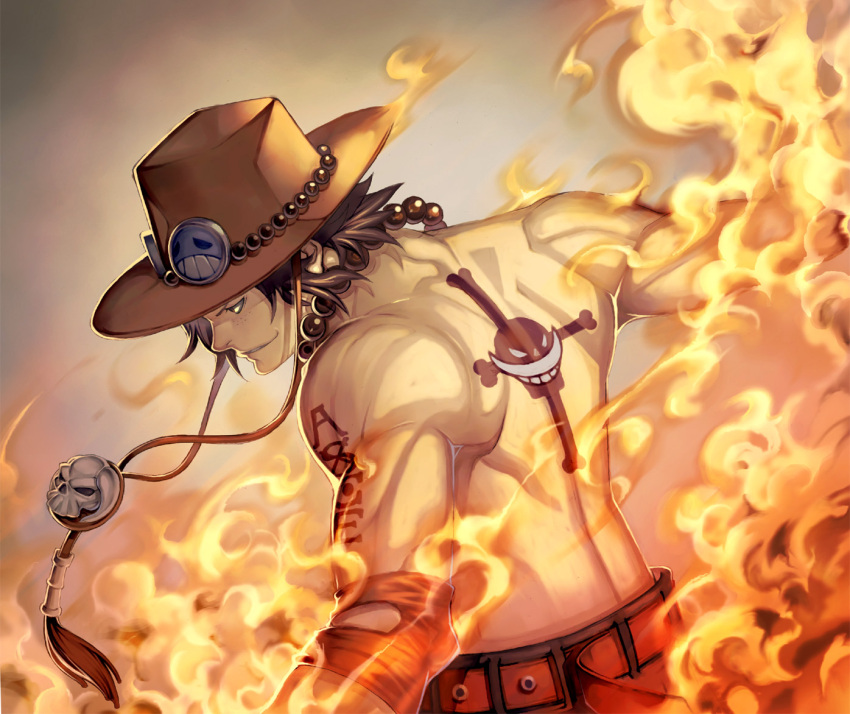 beads belt black_hair fighting_stance fire freckles grin hat horns jewelry jolly_roger katsutake male muscle necklace one_piece outstretched_arms pirate portgas_d_ace profile sad_face shirtless simple_background smile solo spread_arms standing tattoo topless