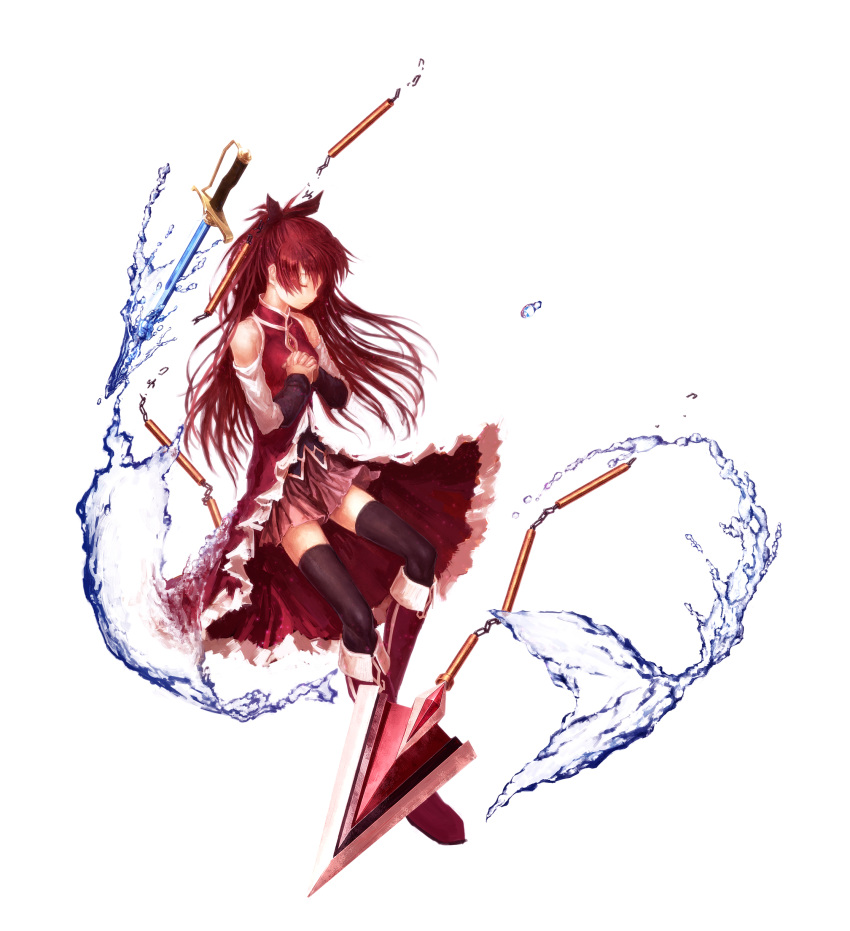 absurdres bare_shoulders black_legwear boots broken chain chains closed_eyes detached_sleeves eyes_closed hands_clasped highres lain long_hair magical_girl mahou_shoujo_madoka_magica polearm ponytail red_hair redhead sakura_kyouko simple_background solo spear sword thigh-highs thighhighs water weapon zettai_ryouiki