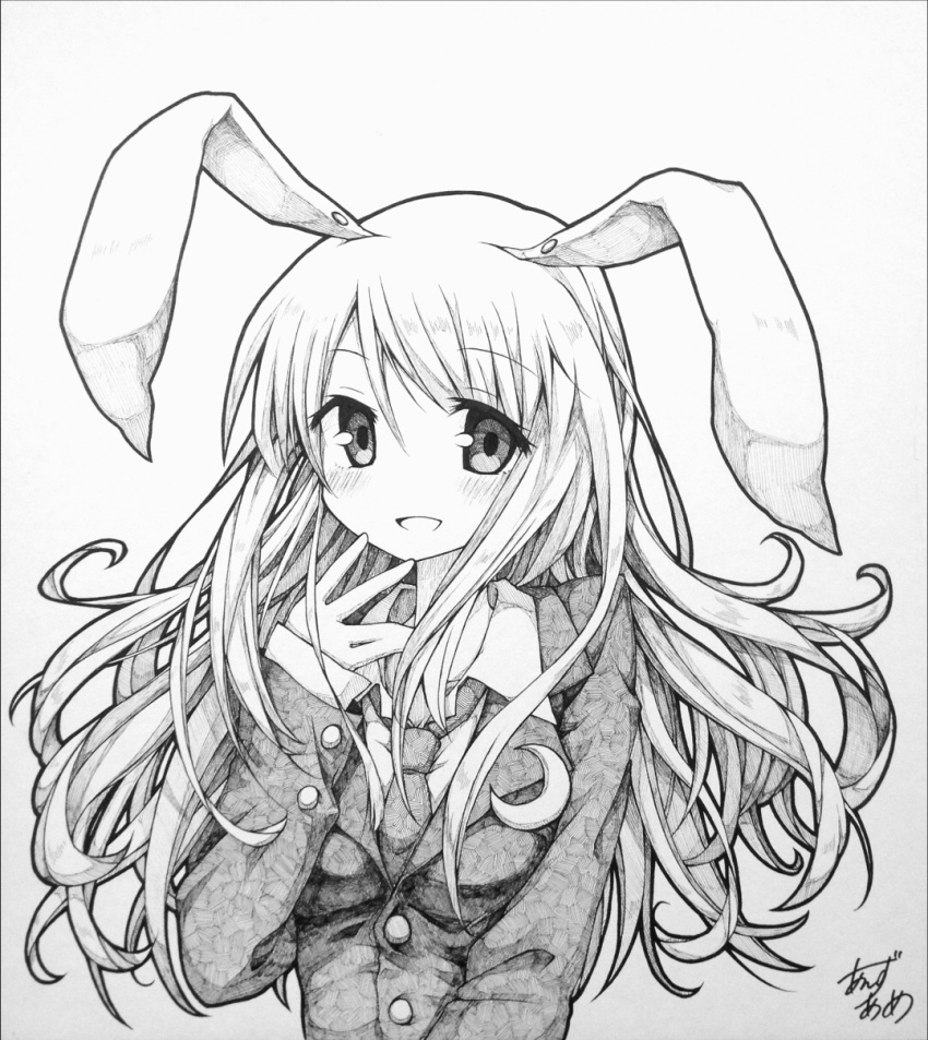 1girl animal_ears artist_name blazer blush bust clown_222 crescent graphite_(medium) highres long_hair looking_at_viewer monochrome open_mouth rabbit_ears reisen_udongein_inaba sketch smile solo touhou traditional_media