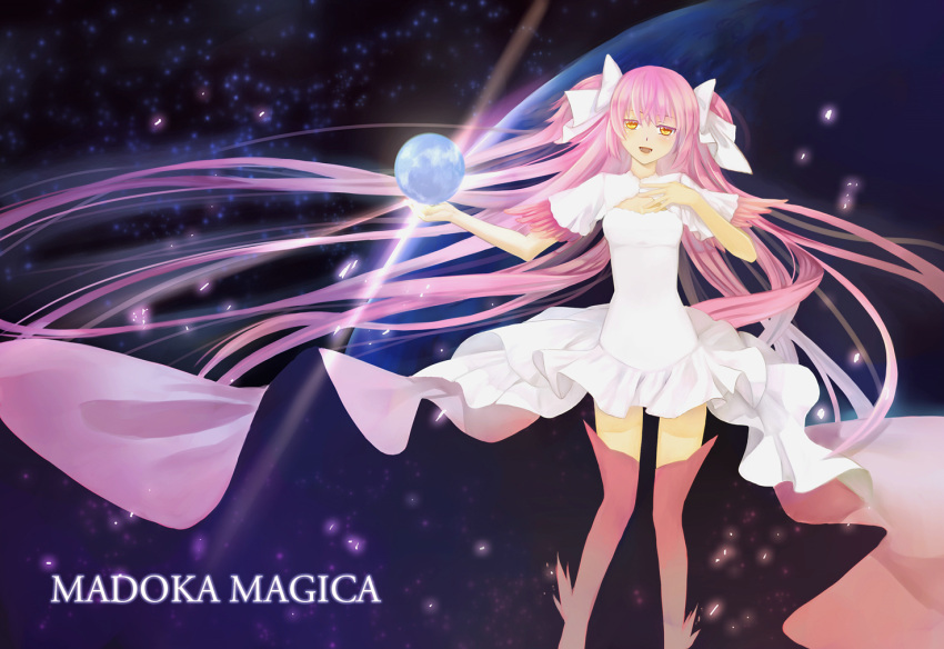artist_request blush dress earth goddess_madoka hair_bow kaname_madoka long_hair mahou_shoujo_madoka_magica moon open_mouth pink_hair planet source_request thigh-highs twintails wings yellow_eyes