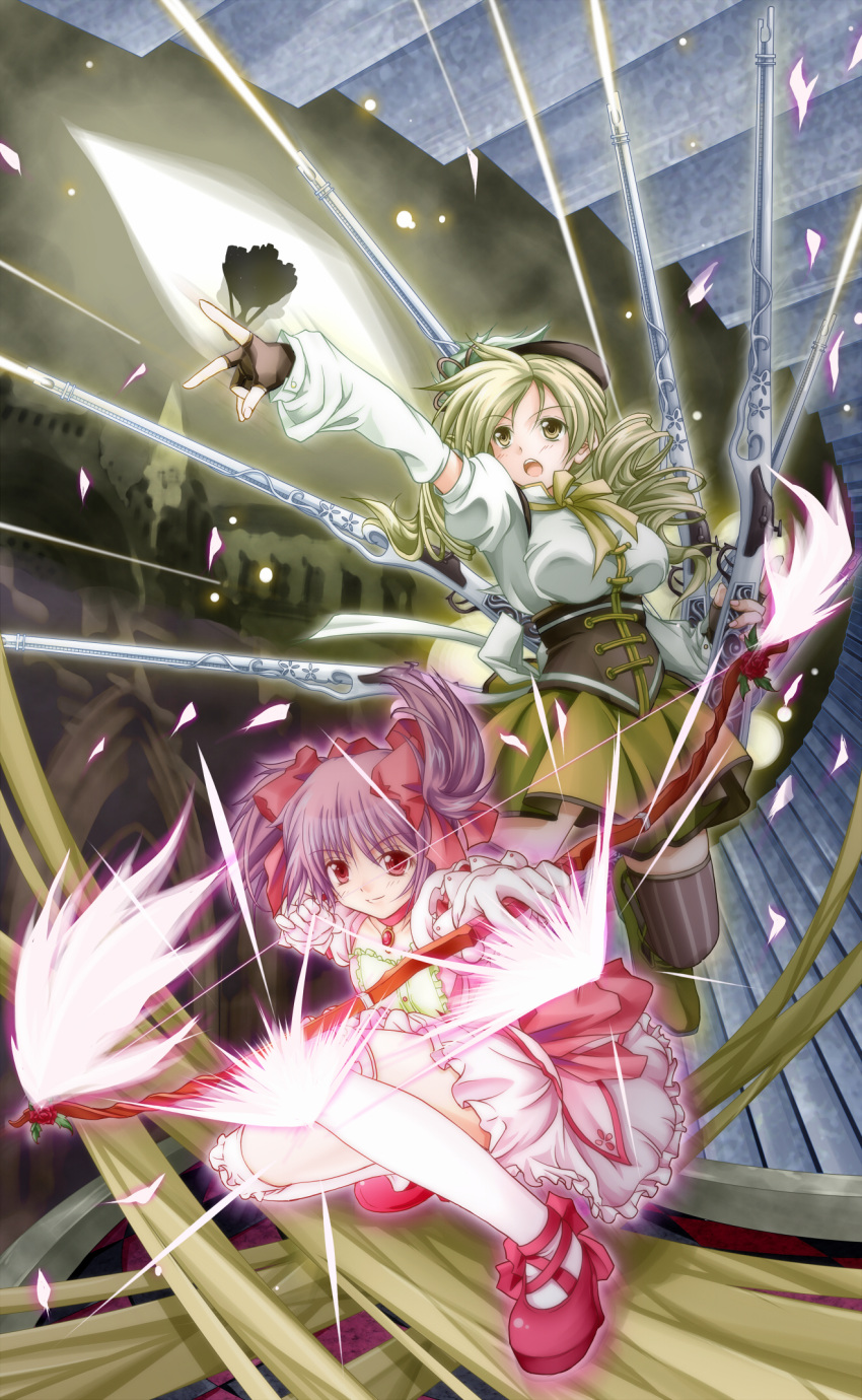 beret blonde_hair boots bow_(weapon) breasts brown_legwear choker corset detached_sleeves drill_hair energy_beam fingerless_gloves flower gloves gun hair_ornament hair_ribbon hairpin hat highres kaname_madoka large_breasts light_particles light_rays magical_girl magical_musket mahou_shoujo_madoka_magica multiple_girls pink_hair pleated_skirt puffy_sleeves red_rose ribbon rifle rose shoes short_twintails skirt squatting taut_shirt thigh-highs thighhighs tomoe_mami tsukineko twin_drills twintails vertical-striped_legwear vertical_stripes walpurgisnacht_(madoka_magica) weapon zettai_ryouiki