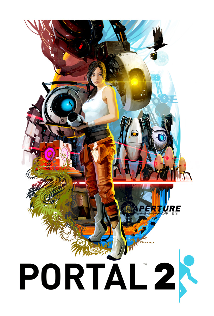 aperture_science_handheld_portal_device atlas_(portal) bird cave_johnson chell crow glados highres jacket movie_poster official_art oldschool p-body parody portal portal_2 poster realistic robot sideburns tristan_reidford turret_(portal) weighted_companion_cube wheatley