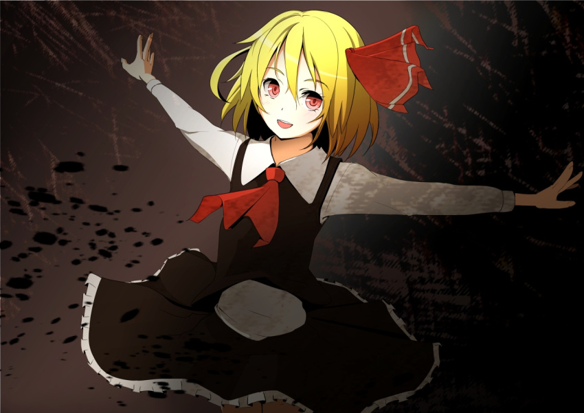 akasaka_shop bad_id blonde_hair dark dress hair_ribbon open_mouth outstretched_arms red_eyes ribbon rumia short_hair solo spread_arms the_embodiment_of_scarlet_devil touhou youkai