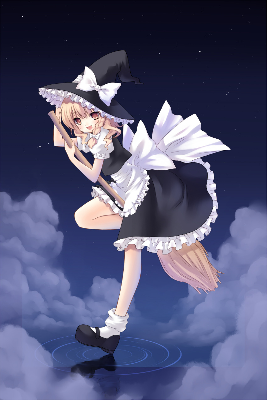 absurdres apron blonde_hair bow braid broom brown_eyes frills gathers hand_on_hat hat highres kirisame_marisa large_bow mary_janes nana_mikoto night night_sky open_mouth ripples shoes side_braid sky smile socks solo star_(sky) starry_sky touhou witch_hat yellow_eyes