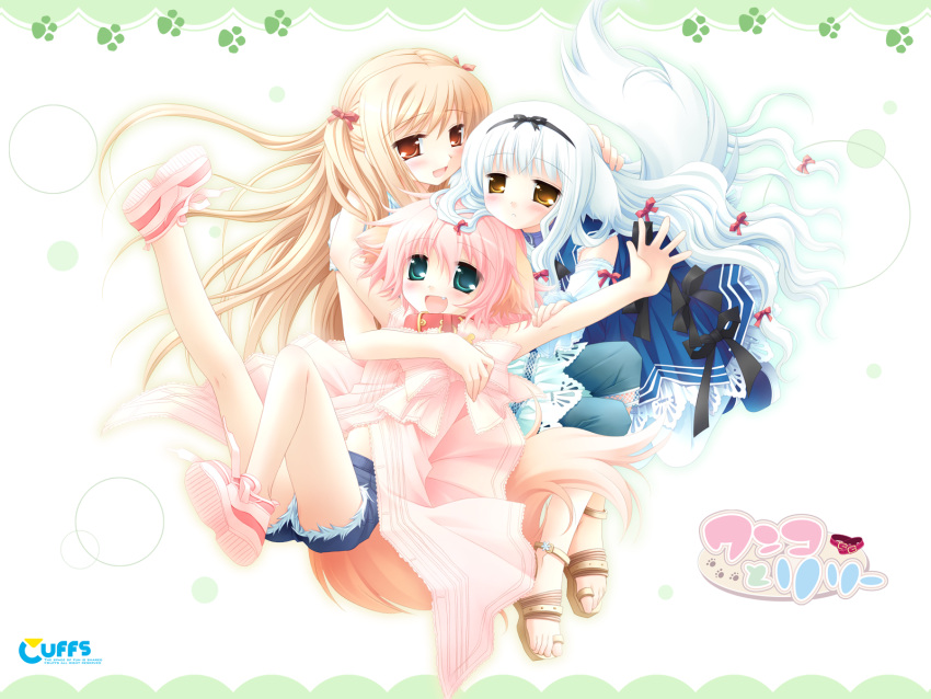 animal_ears aqua_eyes blonde_hair blush child collar cuffs denim denim_shorts detached_sleeves dog_ears dog_tail fang feet hairband happy highres hug legs lily_(w&amp;l) lily_(wanko) long_hair multiple_girls open_mouth outstretched_arms pink_hair red_eyes sakurazawa_izumi sandals shoes short_hair shorts sneakers spread_arms tail touko touko_(wanko_to_lily) very_long_hair wallpaper wanko wanko_to_lily white_hair yellow_eyes