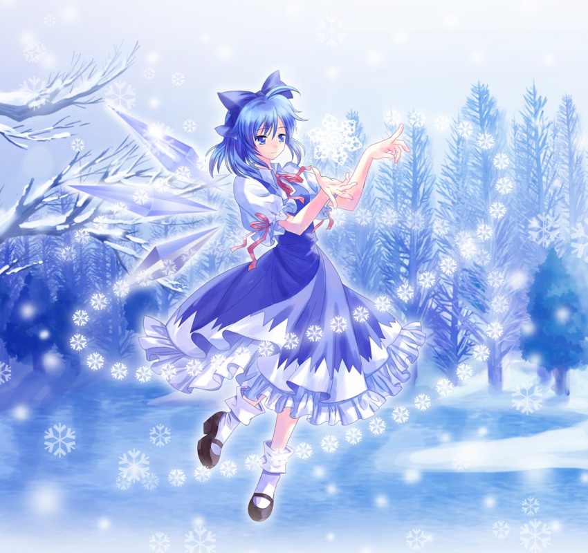 blue_dress blue_eyes blue_hair bow cirno danmaku dress floating forest hair_bow mary_janes nature outstretched_hand pico_(picollector79) pointing ribbon shoes short_hair smile snow snowflakes socks touhou white_legwear wings winter