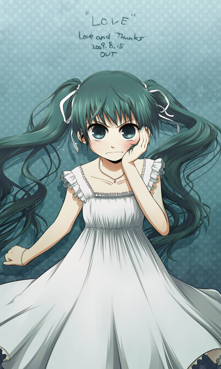 1girl 2009 angry bad_id blush bracelet dress english green_eyes green_hair hair_ribbon hand_on_own_face hatsune_miku highres hinata_(artist) jewelry magamoto nail_polish necklace ribbon shadow solo tears twintails vocaloid