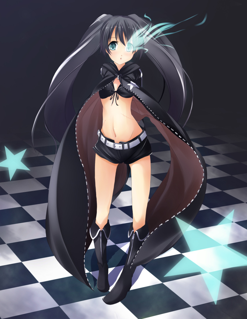 bikini_top black_hair black_rock_shooter black_rock_shooter_(character) blue_eyes boots checkered checkered_floor flat_chest glowing glowing_eyes highres long_hair m.h midriff navel scar shorts solo star twintails very_long_hair