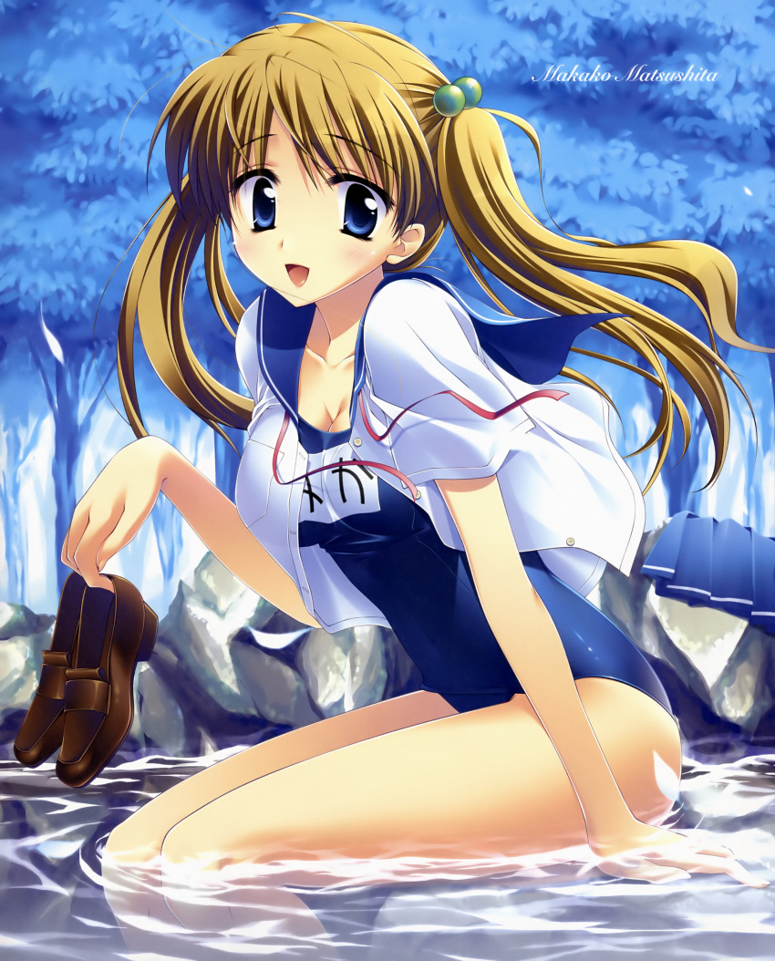 absurdres blonde_hair blue_eyes breasts cleavage copyright_request hair_bobbles hair_ornament highres loafers matsushita_makako open_clothes open_mouth open_shirt school_swimsuit school_uniform seifuku serafuku shoes shoes_removed skirt skirt_removed smile stream swimsuit swimsuit_under_clothes swimsuit