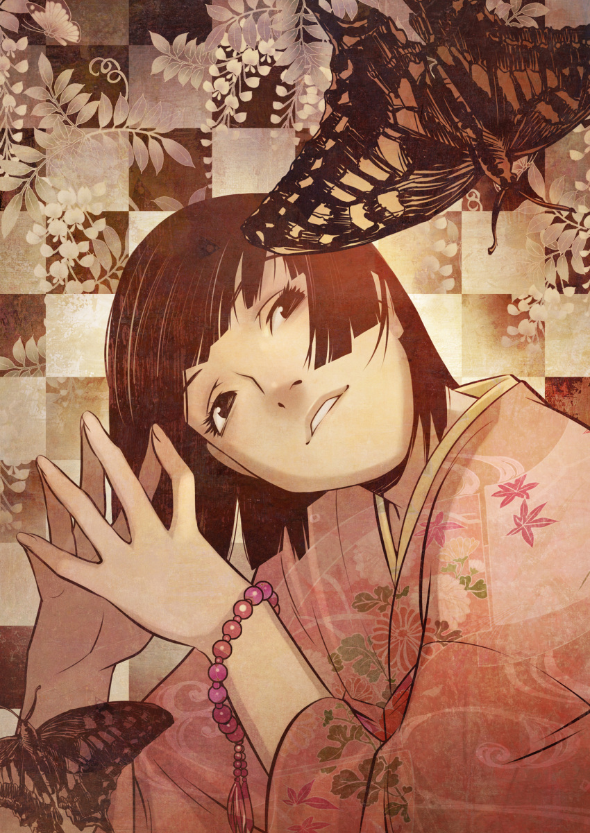 bangs black_hair blunt_bangs bracelet butterfly checkered hands highres japanese_clothes jewelry kimono long_hair original xr650r