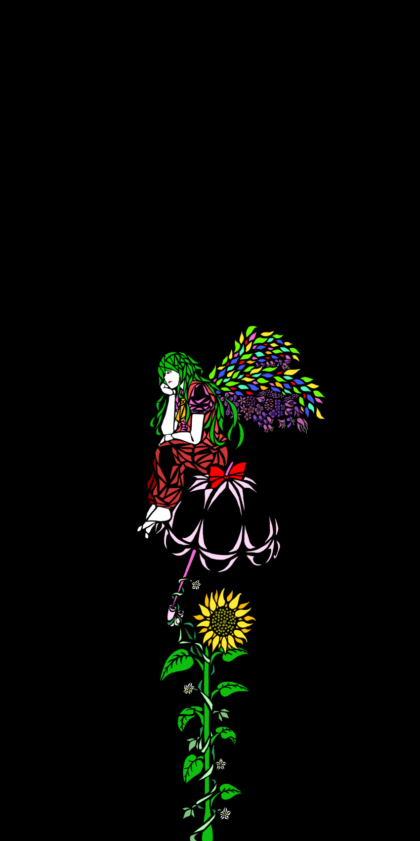 absurdres ascot black_background flower highres kazami_yuuka kazami_yuuka_(pc-98) pants parasol profile row_(akatuki) solo stained_glass sunflower touhou touhou_(pc-98) umbrella wings