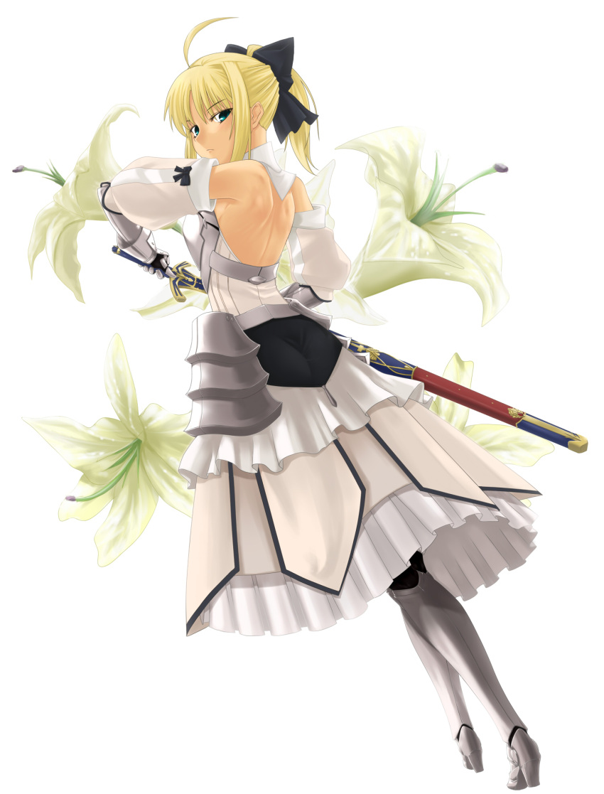 ahoge aqua_eyes armor armored_dress back bare_shoulders blonde_hair bow detached_sleeves dress fate/stay_night fate/unlimited_codes fate_(series) flower from_behind gauntlets greaves hair_bow hair_ribbon highres lily_(flower) looking_back prime ribbon saber saber_lily short_hair solo sword type-moon weapon