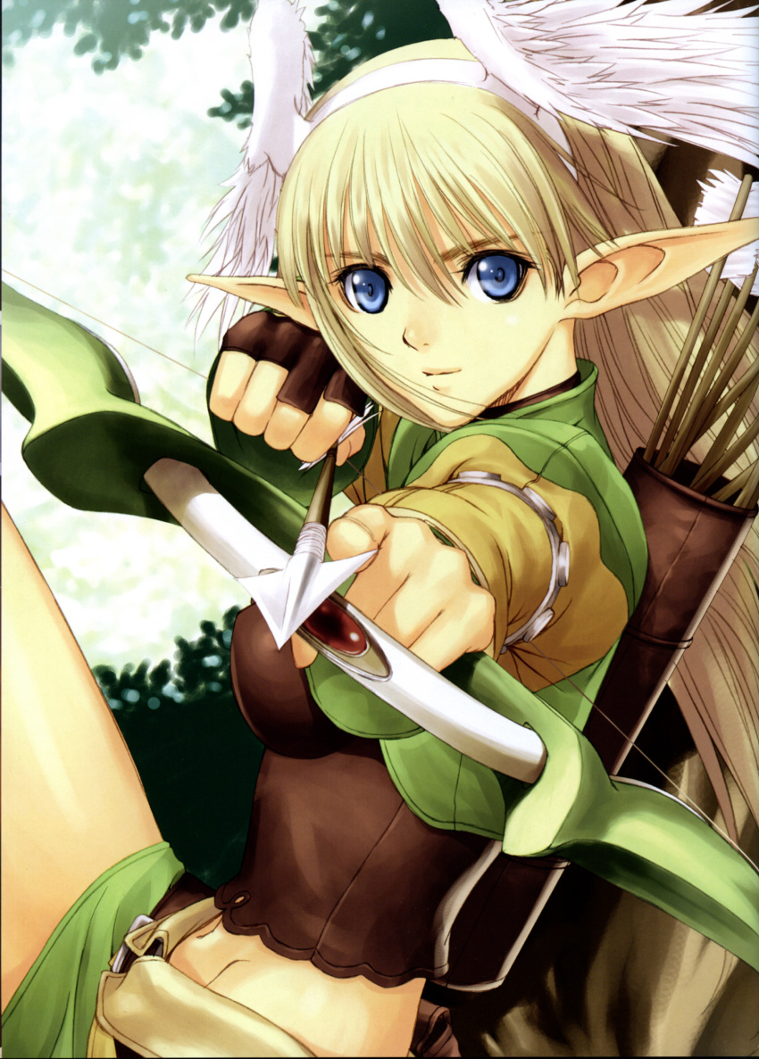 absurdres against_tree angel_wings archery arrow binding_discoloration blonde_hair blue_eyes bow_(weapon) elf elwing fingerless_gloves gloves head_wings highres in_tree long_hair midriff pointy_ears quiver scan shining_(series) shining_tears shining_wind sitting sitting_in_tree skirt smile solo taka_tony tony_taka tree weapon wings