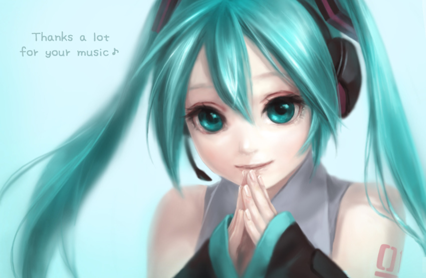 aqua_eyes aqua_hair close-up english green_eyes hatsune_miku headphones headset highres long_hair portrait smile solo twintails vocaloid yukari_(pixiv545454)