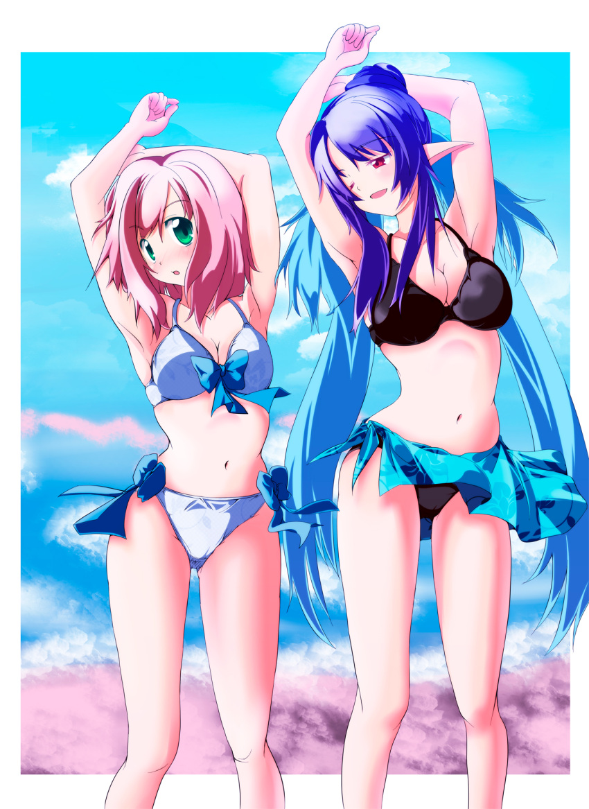 armpits bikini blue_hair cleavage elf estellise_sidos_heurassein judith pink_hair swimsuit tales_of_(series) tales_of_vesperia