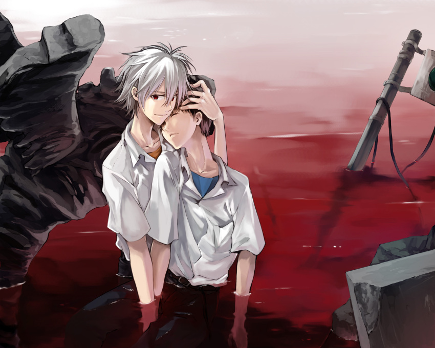 blood brown_hair closed_eyes highres hug ikari_shinji maka_(morphine) male nagisa_kaworu neon_genesis_evangelion red_eyes school_uniform smile water white_hair yaoi