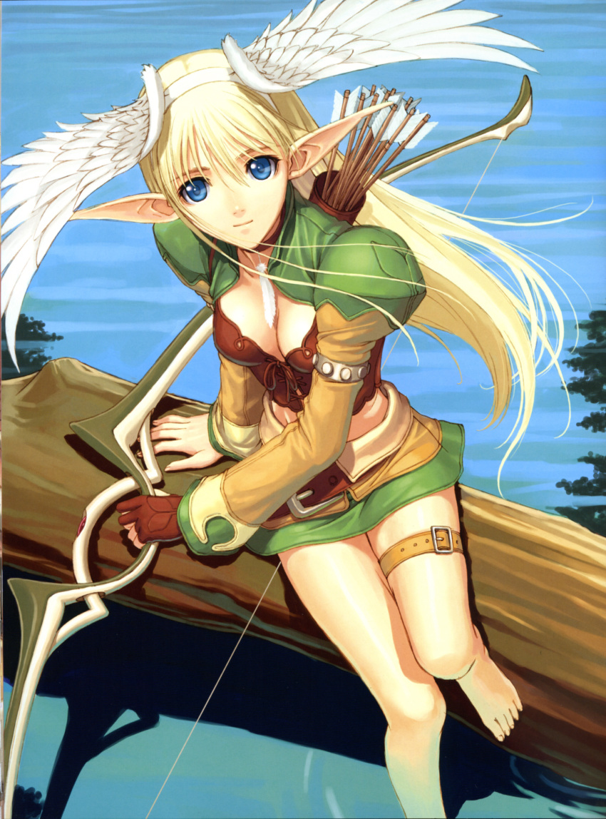 arrow barefoot belt binding_discoloration blonde_hair blue_eyes bow_(weapon) breasts choker cleavage elf elwing feathers feet head_wings highres in_tree long_hair midriff pointy_ears quiver scan shining_(series) shining_tears shining_wind sitting sitting_in_tree skirt solo taka_tony thigh_strap tony_taka tree water weapon