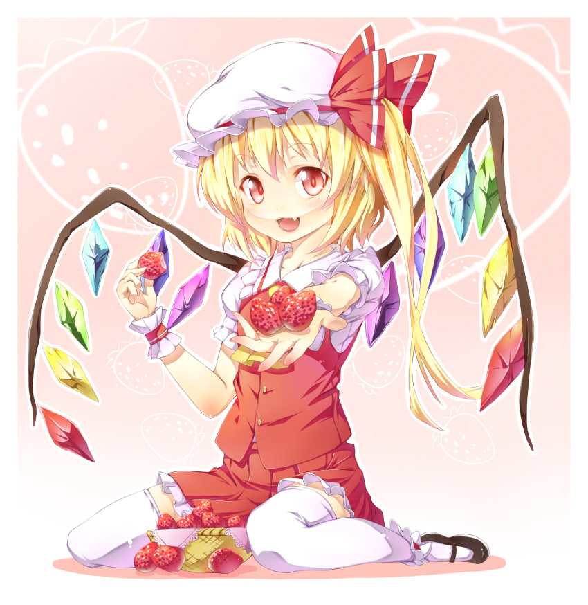 fang flandre_scarlet food fruit hat highres holding holding_fruit ichi_makoto mary_janes ponytail red_eyes shoes short_hair side_ponytail strawberry thigh-highs thighhighs touhou wings wrist_cuffs