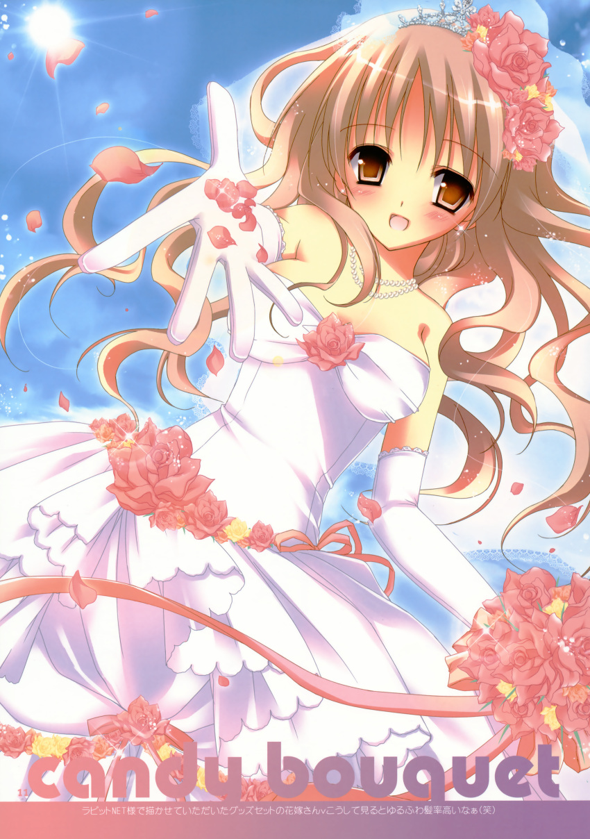 1girl absurdres bouquet brown_eyes brown_hair coconutbless copyright_request dress elbow_gloves flower gloves highres jewelry natsuki_coco necklace pearl_necklace sun tiara veil wedding_dress