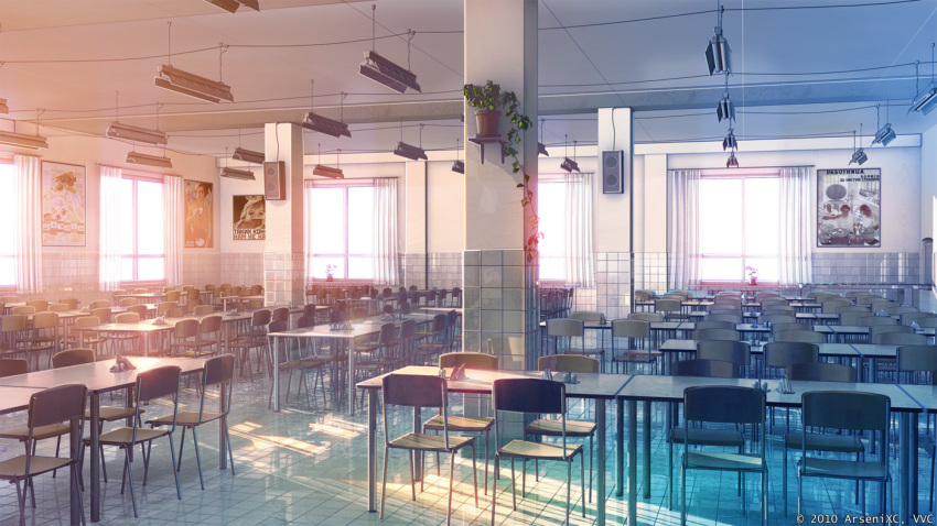 background cafeteria chair collaboration erogame_project fluorescent_lamp no_humans original plant potted_plant reflective_floor russian scenery sunlight table tile_floor tiles vvcephei